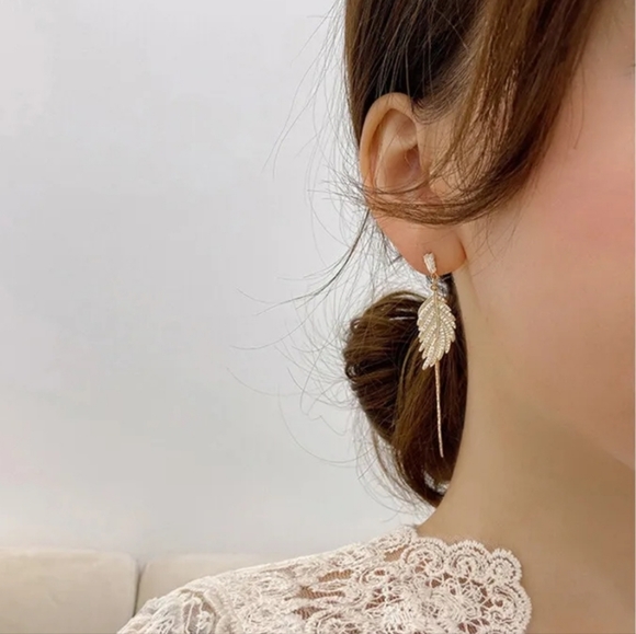 Gold-plated Crystal Leaf Drop earrings with silver post BOGO - Picture 10 of 12